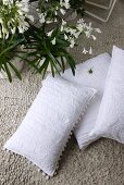 White scatter cushions and potted flowering plants on gravel concrete floor of balcony