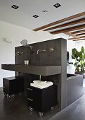 Free-standing plumbing unit with grey-tiled bathtub and washstand in loft-style interior