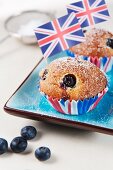 Blueberry muffins decorated with Union Jacks