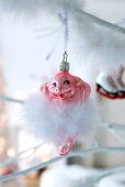 Piggy Christmas tree bauble with white feathers