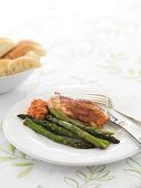 Chicken breast with asparagus and romesco sauce