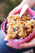 Homemade granola bars in a Tupperware container