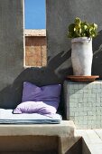 Cushions on masonry bench and potted plant on shelf next to window-like opening in wall