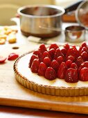 Glazed Strawberries on a Tart; In Kitchen with Ingredients