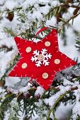 Red felt star hanging on twig