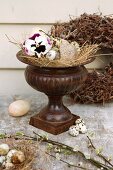 Still-life of straw nest with birds' eggs in amphora