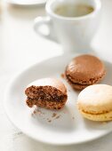 Macaroons on a plate, one with a bite taken out