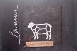 A sketch of a lamb and a written label on a chalkboard