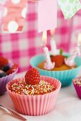 Bizcocho (sweet cakes from Spain) decorated with sprinkles and raspberries