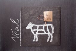 A sketch of a calf and an English label on a chalkboard