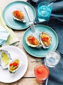 Gratinated oysters with sweetcorn puree and chilli sauce