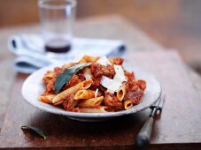 Penne pasta with wild rabbit ragout