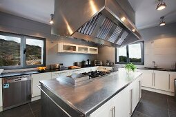 Contemporary kitchen with large vent hood