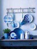 Blue and white crockery in a kitchen
