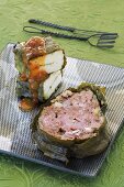Halloumi and lamb roulade wrapped in vine leaves