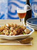 Shrimp and Rice Noodles in a Serving Bowl; Beer