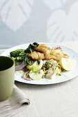 Fish with potatoes and lentil salad