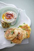 Water lily pancakes with cheddar cheese and chilli yoghurt