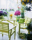 Sommerstimmung im Wintergarten - moderne Gartentischgarnitur in Grün und Blumentöpfe mit verschiedenen Blumen
