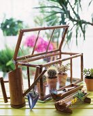 Glass terrariumwith assorted cactus and gardening tools on a wooden surface
