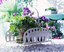 Potted geraniums in a white metal plant stand on gravel