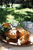 A loaf of pumpkin bread with pumpkin seeds, broken open