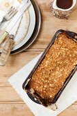 Oat cake in a baking tin