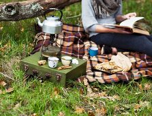 A woman with a book on a picnic blanket on an autumnal field