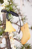 Biscuits hanging from ribbons and cords and popcorn garland on fir branches