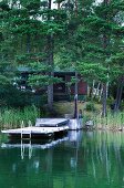 Idyllisches Seehaus zwischen hohen Kiefern