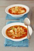 Savoy cabbage soup with lentils, tomatoes and potatoes