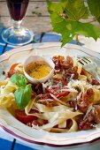 Pasta carbonara with tomato and egg