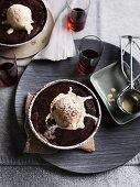 Baked chocolate pudding with muscatel ice cream