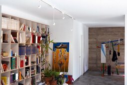 Bright room with colourful exercise equipment, modern painting and large, busy bookcase
