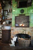 Cat sitting in front of wood-fired, tiled oven in rustic kitchen