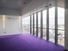 Empty room with purple carpet in contemporary building with steel and glass facade