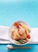 Salmon with prawns and vegetables
