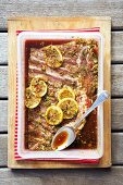 Pork ribs in a honey & soy marinade, with lemons