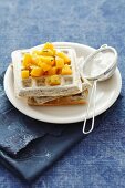 Carrots waffles with a peach and mint salsa