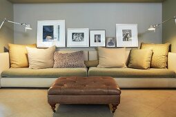 Leather coffee table and sofa with cushions