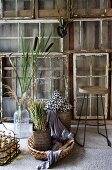 Still-life arrangement with rushes next to bar stool in front of DIY screen improvised from vintage windows against wooden wall