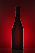 A red wine bottle against a red background