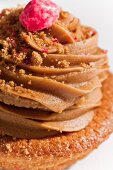 A cupcake topped with toffee icing and crumble (close-up)