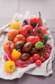 An assortment of tomatoes and chillies on a cloth