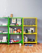 Simple, half-height shelving jazzed up with bright, retro colours