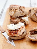 French style chicken burger (with creme fraiche and morels in nut buns)