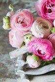 Rosa und weiße Ranunkelblüten auf Schale aus weissen Holzstäben