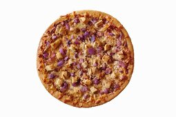 Grilled Chicken and Red Onion Pizza; From Above on a White Background