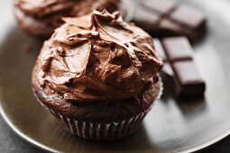 A chocolate cupcake with chocolate icing