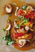 Fried halloumi on slices of cured sausage with mushroom sauce, peppers and herb sauce